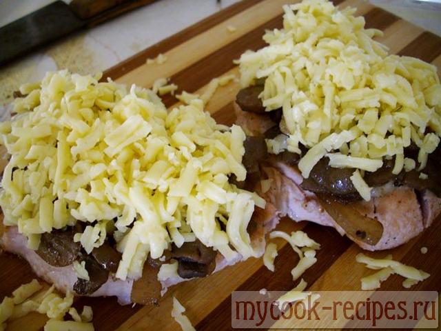 Slices of pork strew from above with cheese Slices of pork strew from above with cheese